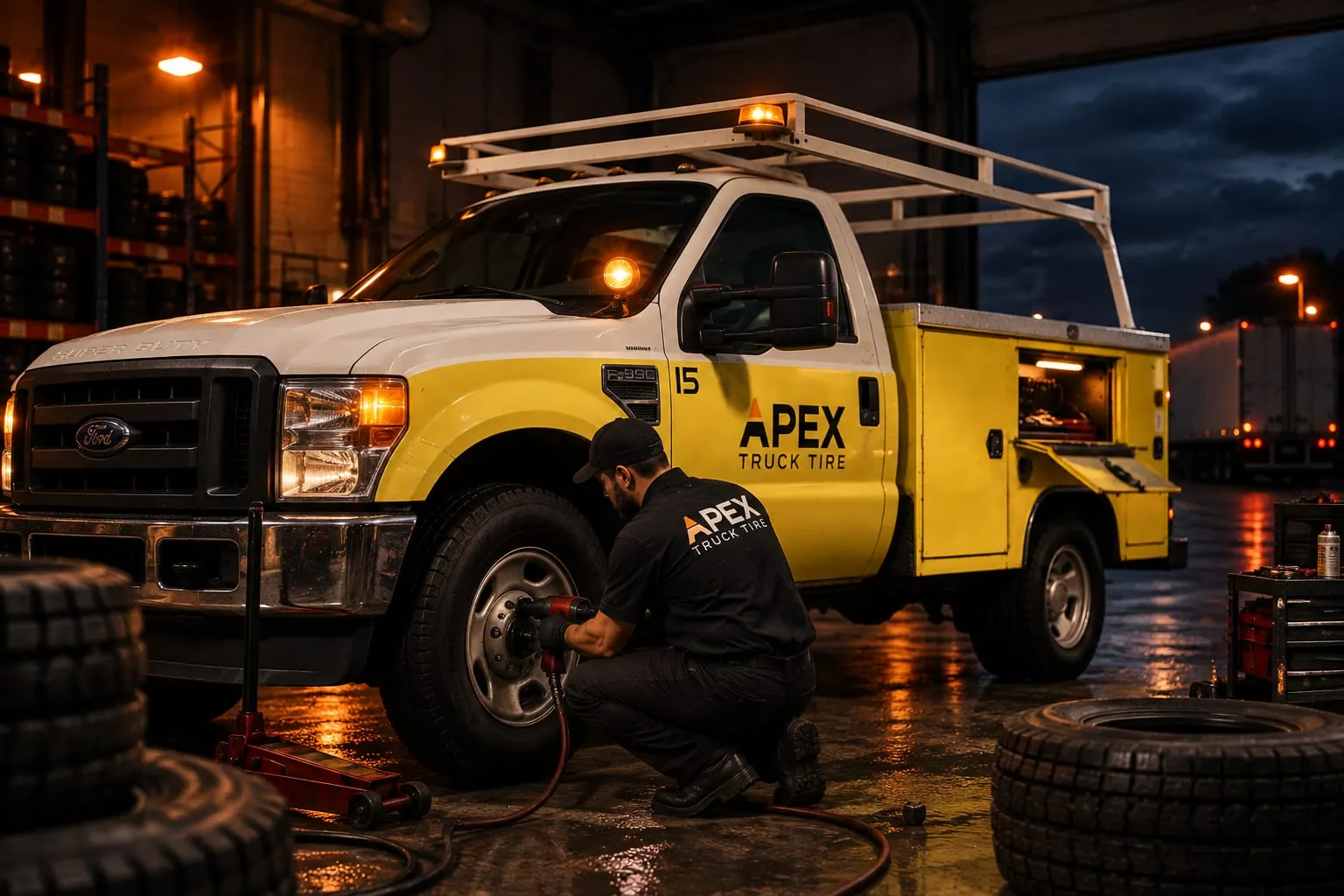 Apex technician with an impact wrench on a wheel in the shop bay, floor jack under the truck