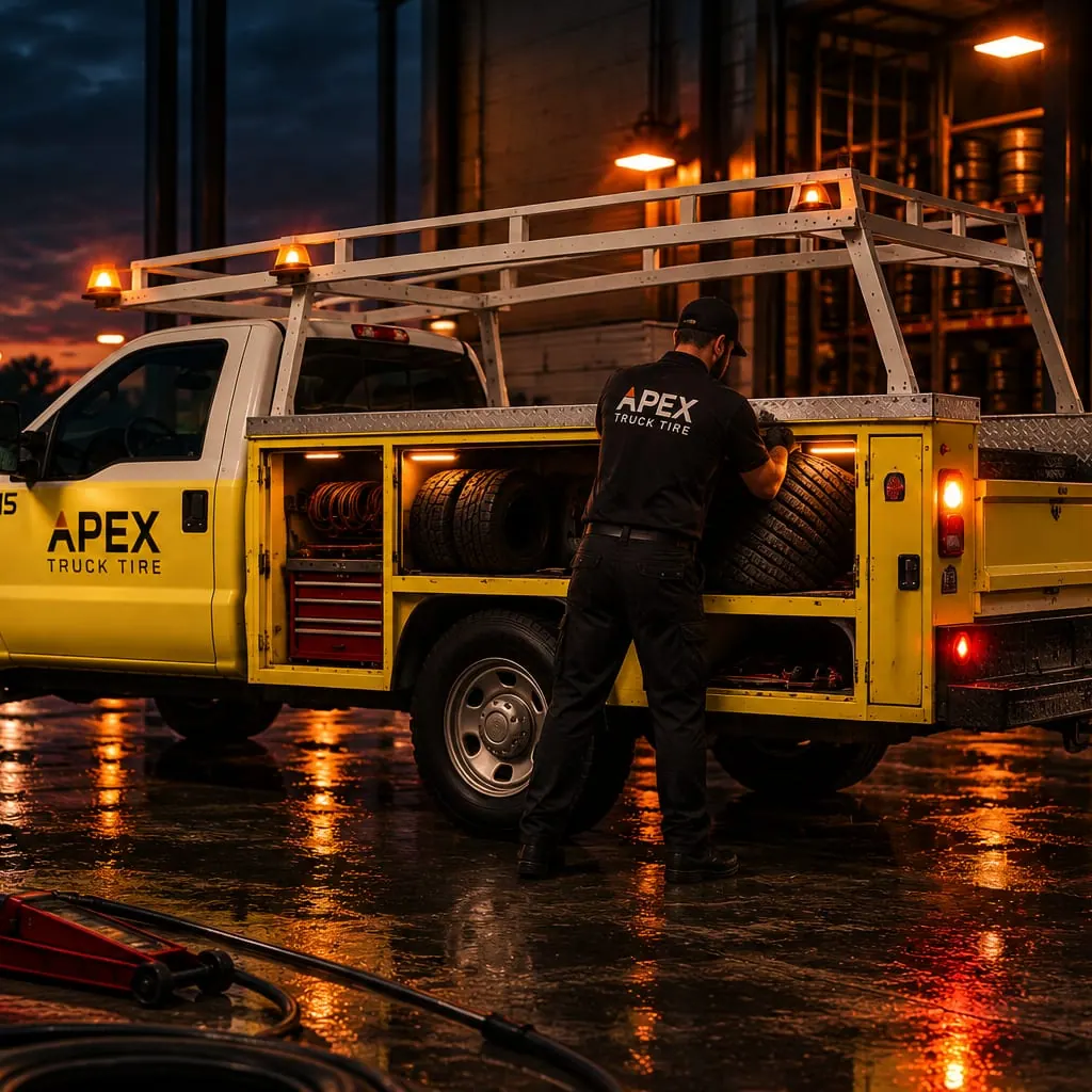 Apex technician loading steer, drive and trailer tires into the service truck's side compartments